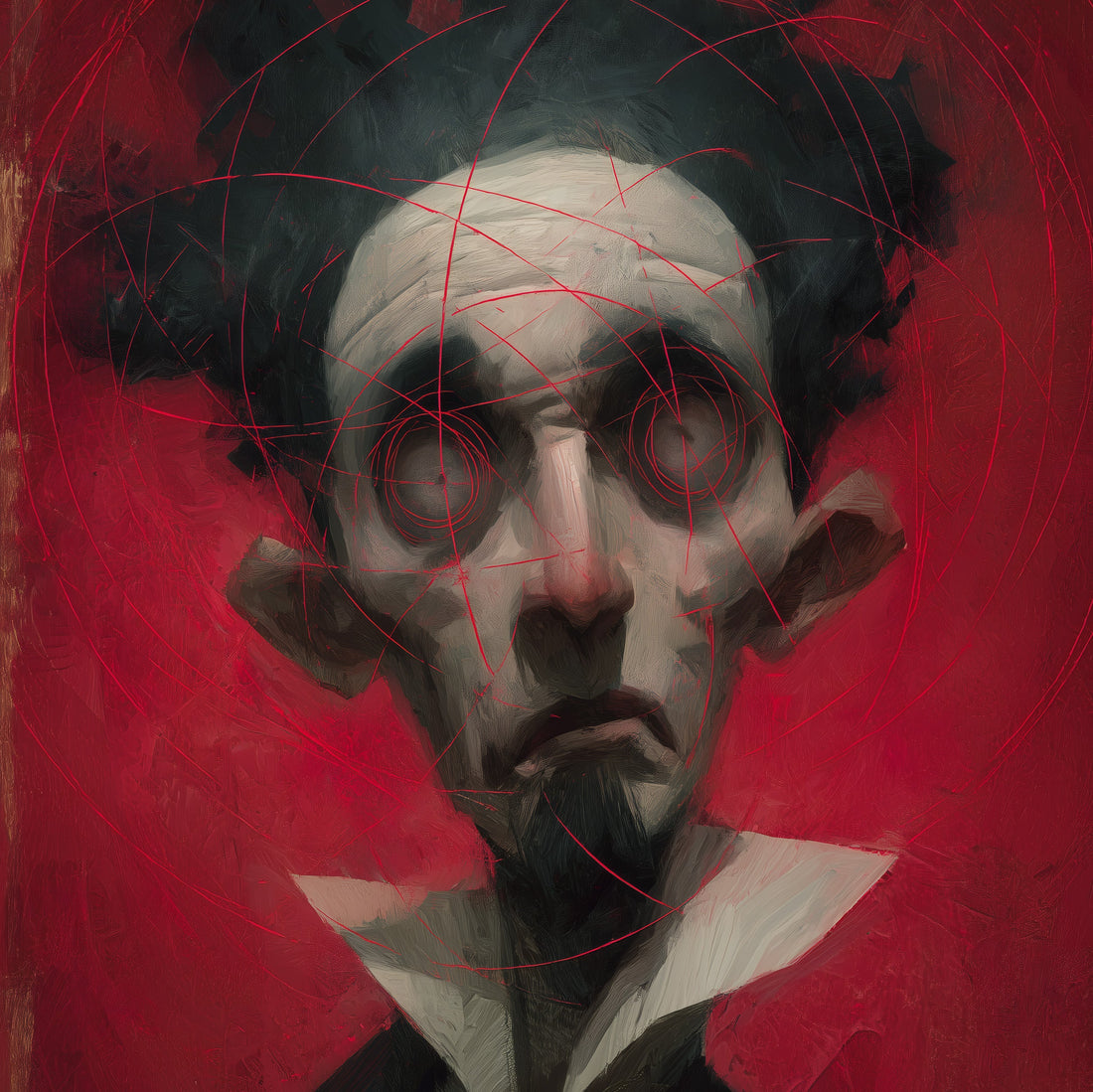 Dark surrealism art print featuring mysterious portrait with red geometric overlay lines