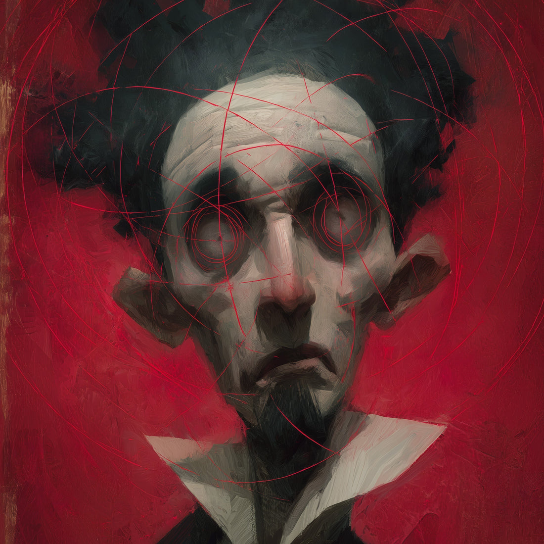 Dark surrealism art print featuring mysterious portrait with red geometric overlay lines