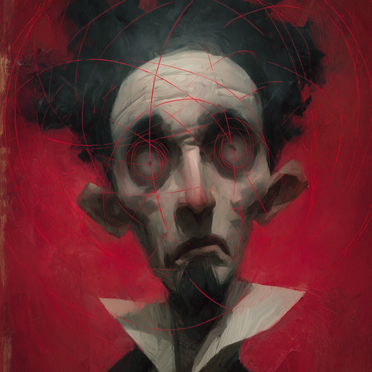 Dark surrealism art print featuring mysterious portrait with red geometric overlay lines