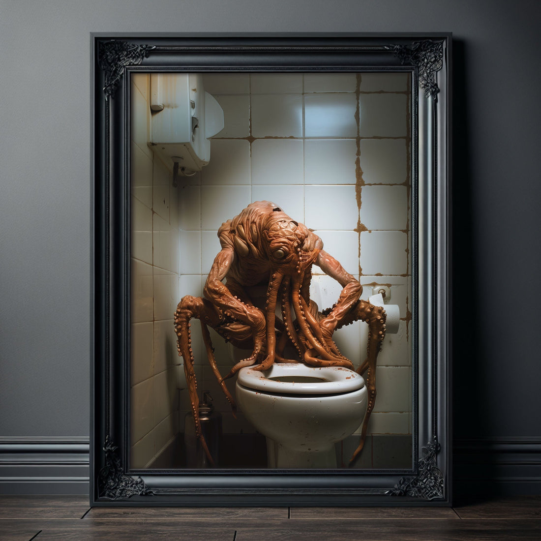 A digitally rendered, sad octopus-like monster with drooping tentacles slumped over a toilet in a grimy, dimly lit bathroom.