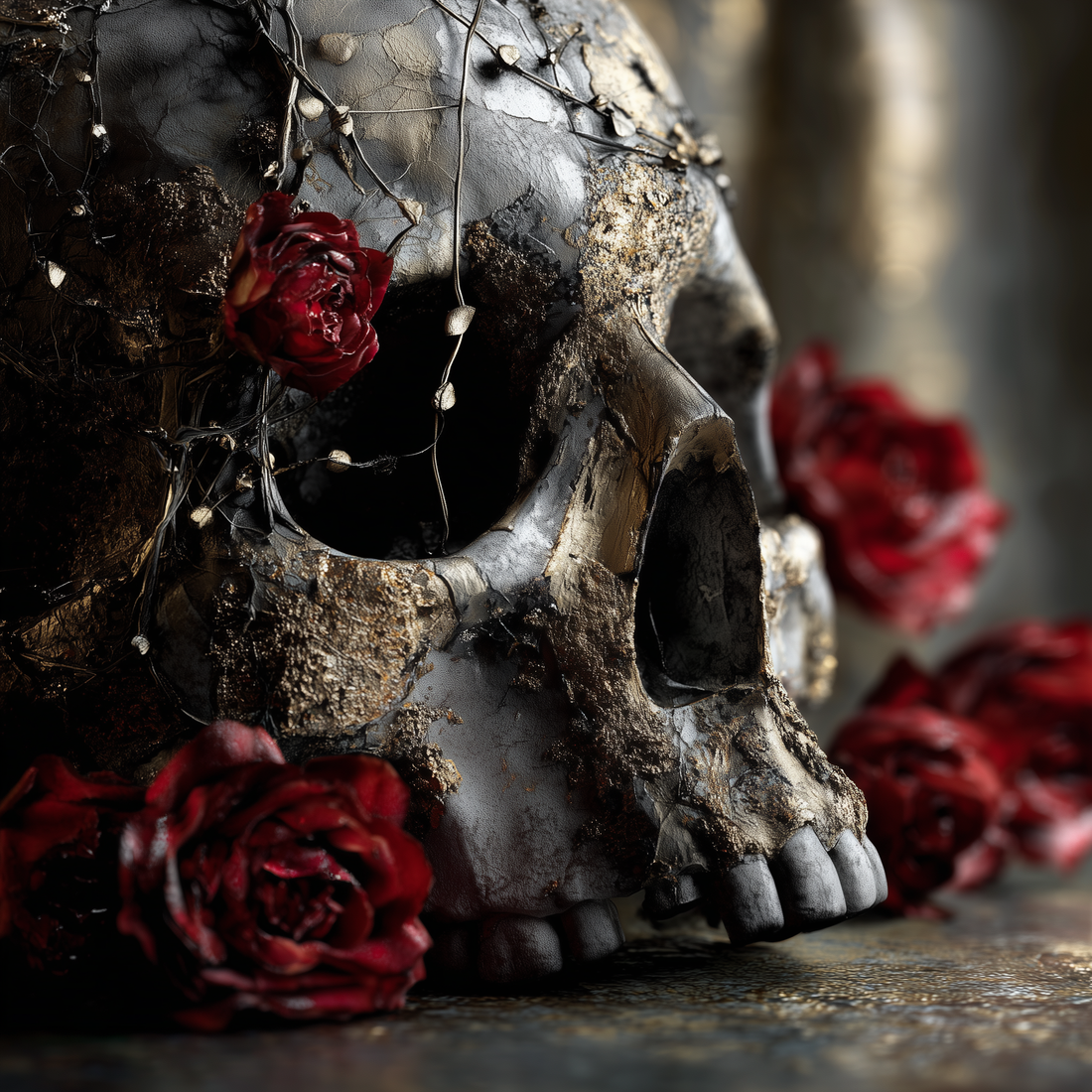 Weathered bone skull decorated with deep red roses and warm fairy lights creating dramatic gothic still life composition