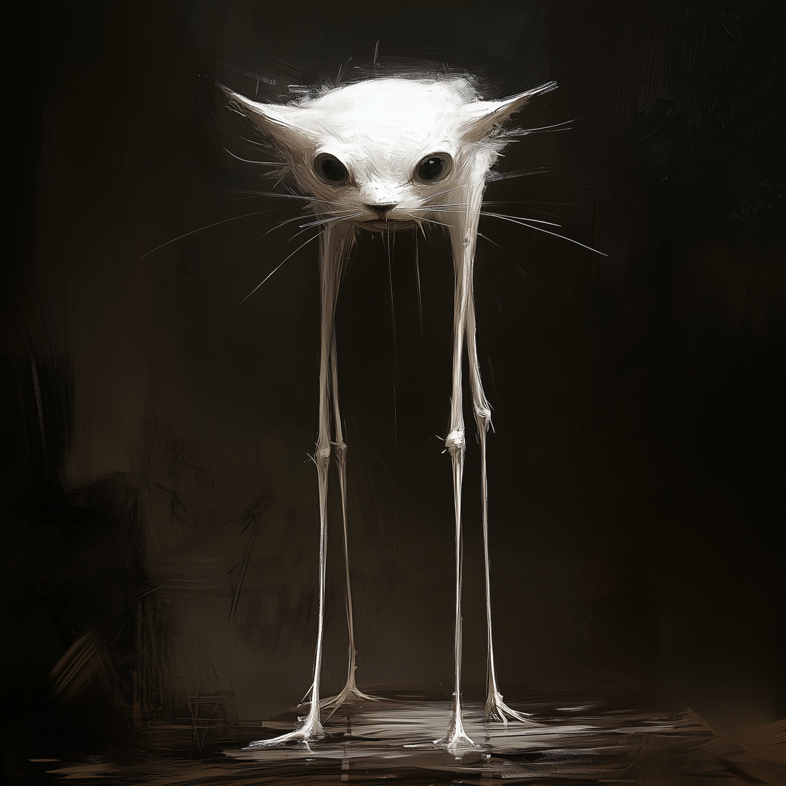Digital painting of a surreal, stark white cat-like creature with disproportionately long, spindly legs and large, dark, circular eyes, set against a dark, roughly textured background in a low-key lighting style.
