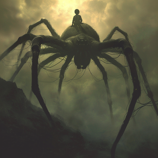 Creepy spider poster showing a child riding a giant spider through misty fog