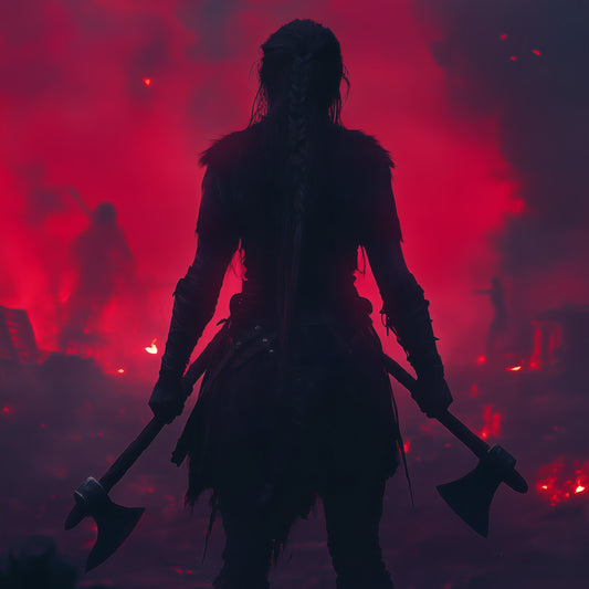 Silhouette of a female Viking warrior holding two axes against a fiery red battlefield sky, dark art wall print