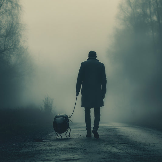Man walks giant insect-like creature in dense fog, prompting reflections on isolation, AI, and the nature of companionship in the digital age.