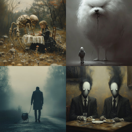 Surreal collage: a girl teas with a skeleton, a little man walks a giant fluffy beast, a man strolls with a bug on a leash, and two faceless figures dine with smoke rising from their heads
