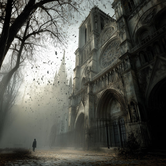 Imposing Gothic cathedral facade with elaborate stone carvings, pointed arch entrance, circular rose window, and bare winter trees in foggy atmosphere