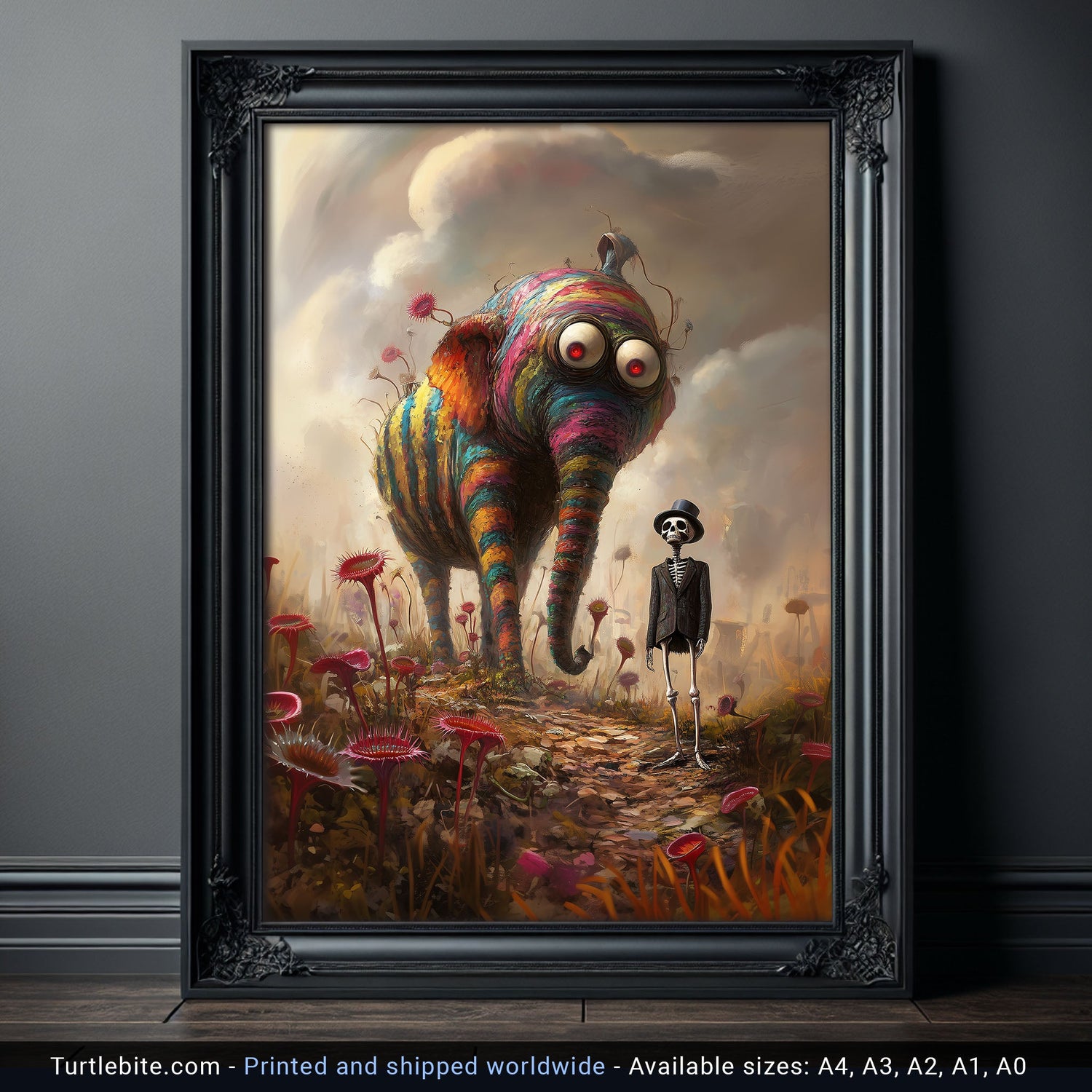 A colorful, rainbow-striped elephant with exaggerated eyes stands beside a skeleton in a top hat, surrounded by whimsical plants in a misty, surreal landscape.