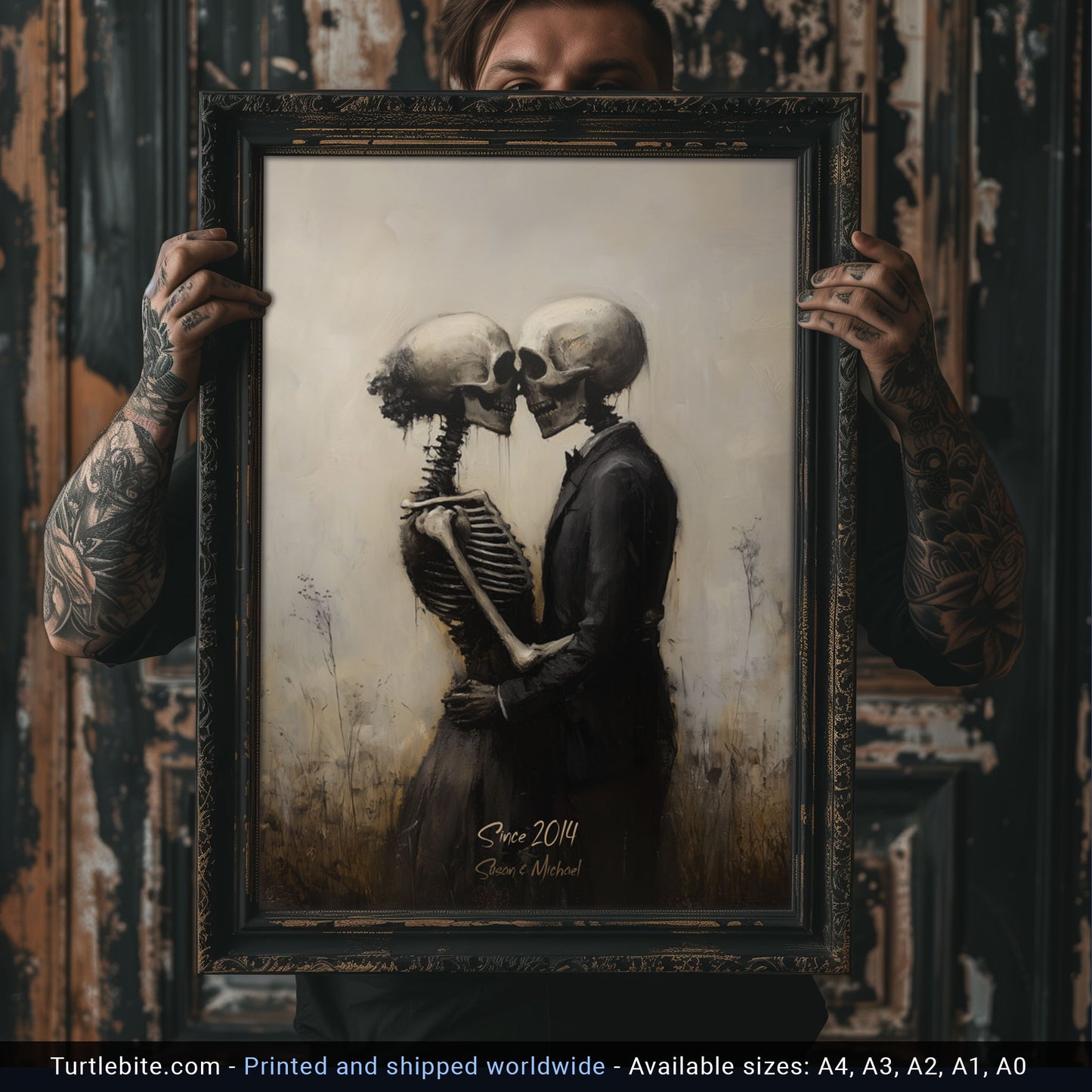 Personalized Skeleton Love Story, Perfect Gift for Weddings or Anniversaries, Gothic Skeletal Romance Painting, Macabre Fine Art Print