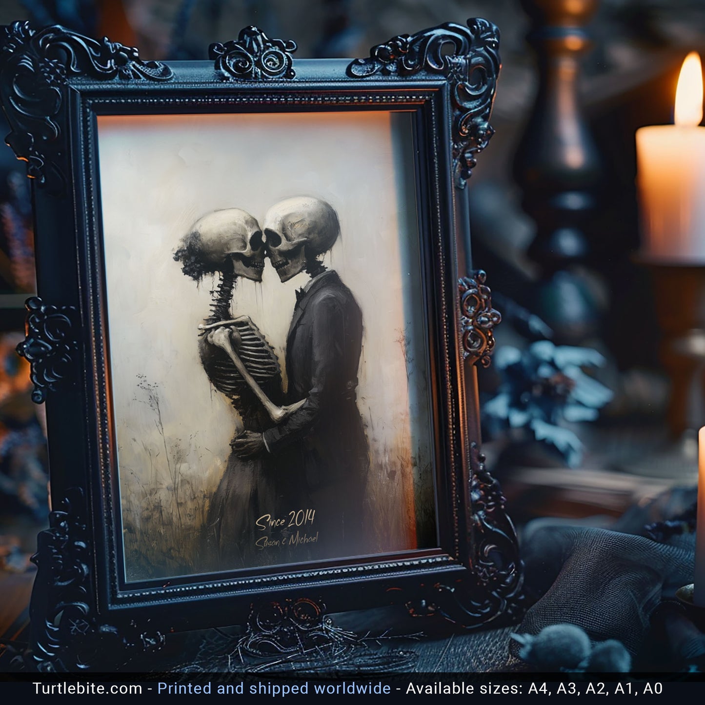 Personalized Skeleton Love Story, Perfect Gift for Weddings or Anniversaries, Gothic Skeletal Romance Painting, Macabre Fine Art Print