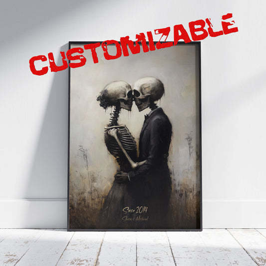 Personalized Skeleton Love Story, Gothic Skeletal Romance Painting, Macabre Fine Art Print