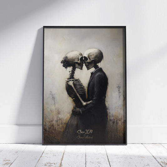 Personalized Skeleton Love Story, Perfect Gift for Weddings or Anniversaries, Gothic Skeletal Romance Painting, Macabre Fine Art Print