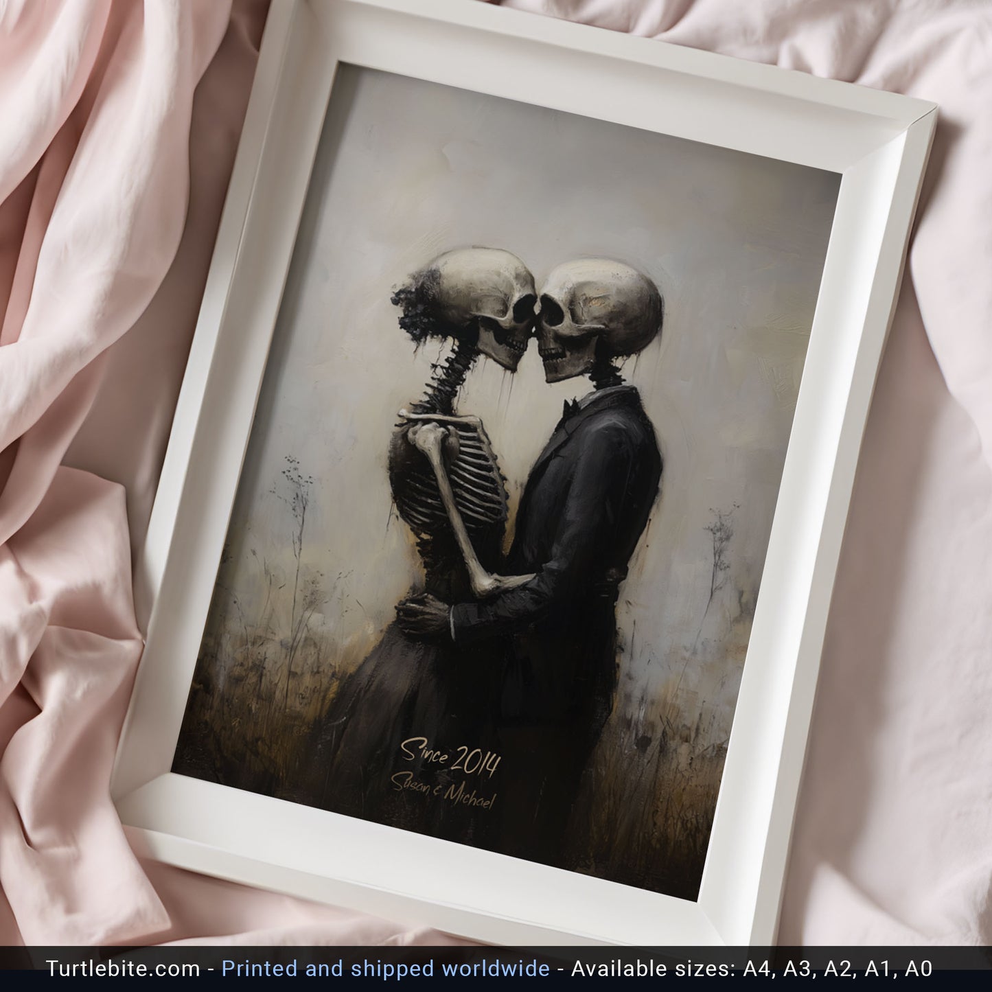 Personalized Skeleton Love Story, Perfect Gift for Weddings or Anniversaries, Gothic Skeletal Romance Painting, Macabre Fine Art Print