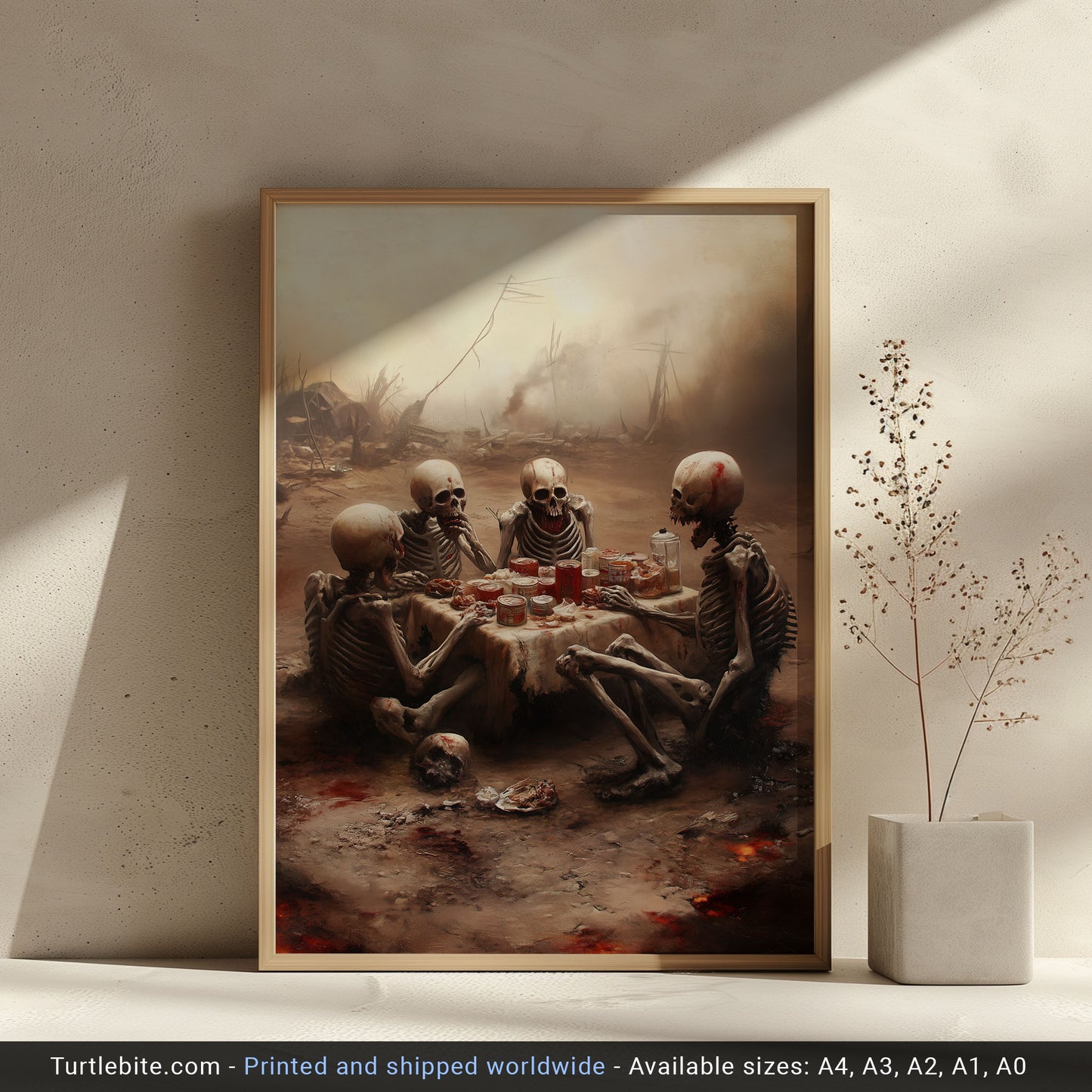 Macabre Cozy Apocalypse Picnic Poster, Weird Art Print, Dark Humor Poster, Skeletal Wall Art for Living Room