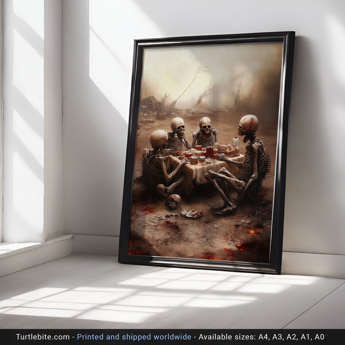 Macabre Cozy Apocalypse Picnic Poster, Weird Art Print, Dark Humor Poster, Skeletal Wall Art for Living Room