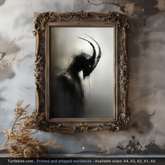 Dark Capricorn Creature Painting Poster, Creepy Mysterious Wall Art, Spooky Whimsigoth Print