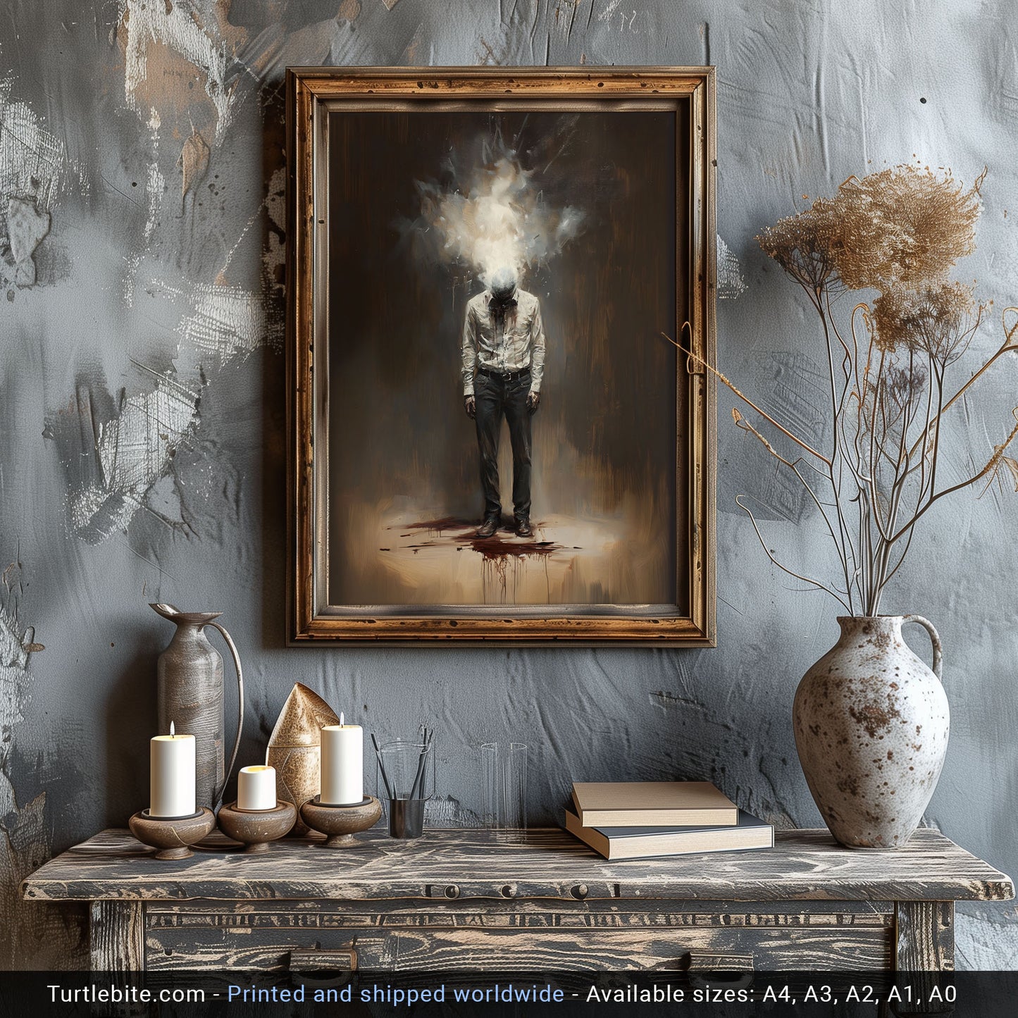 Explosive Thoughts Painting Poster, Dark Moody Wall Art, Weird Art Painting