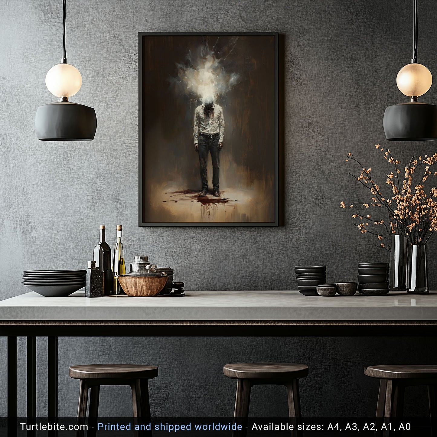 Explosive Thoughts Painting Poster, Dark Moody Wall Art, Weird Art Painting