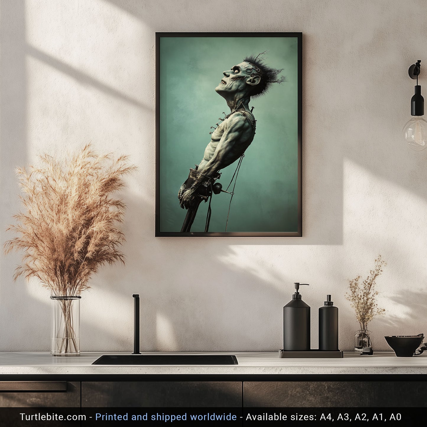 Floating Frankenstein Monster Poster, Dark Humor Wall Art, Horror Print