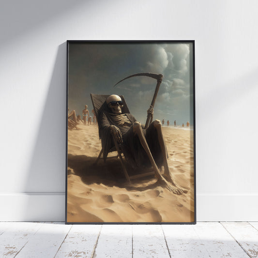 Grim Reaper on Holiday Painting Print, Dark Skeleton Wall Art, Moody Skull Poster