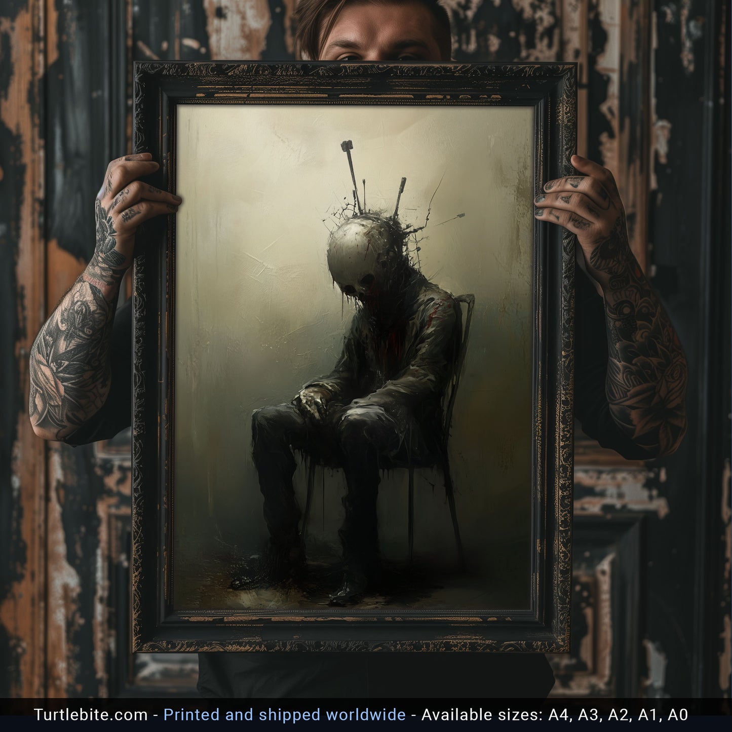 Acupunctured Sitting Man Painting Poster, Dark Moody Wall Art, Creepy Absurd Print