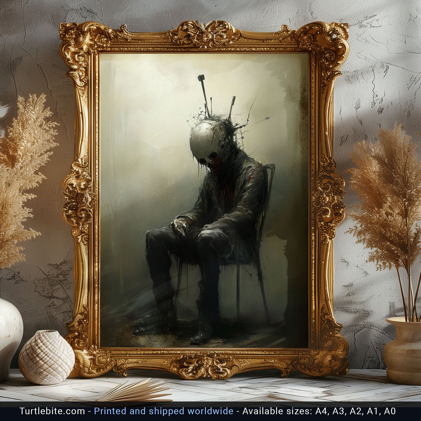 Acupunctured Sitting Man Painting Poster, Dark Moody Wall Art, Creepy Absurd Print