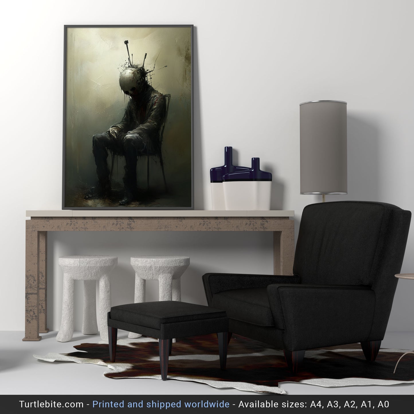 Acupunctured Sitting Man Painting Poster, Dark Moody Wall Art, Creepy Absurd Print