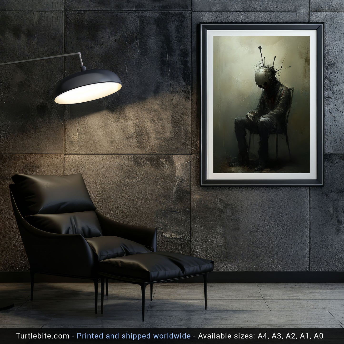 Acupunctured Sitting Man Painting Poster, Dark Moody Wall Art, Creepy Absurd Print