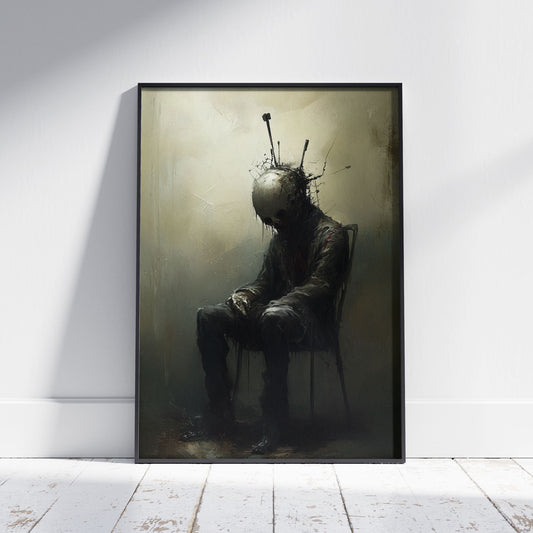 Acupunctured Sitting Man Painting Poster, Dark Moody Wall Art, Creepy Absurd Print