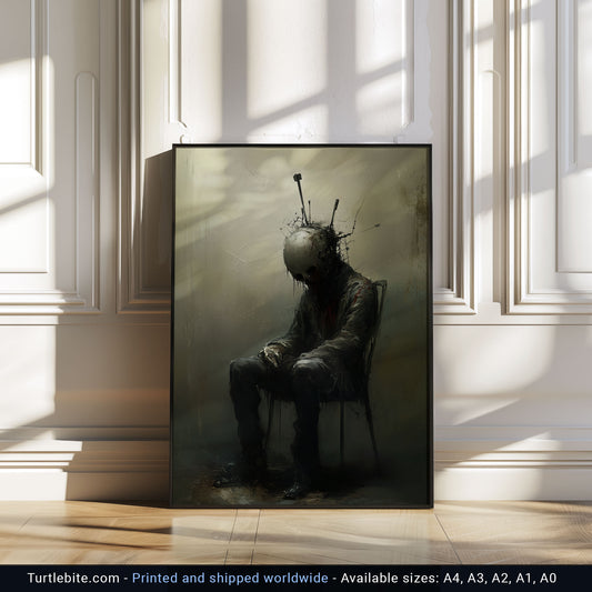 Acupunctured Sitting Man Painting Poster, Dark Moody Wall Art, Creepy Absurd Print