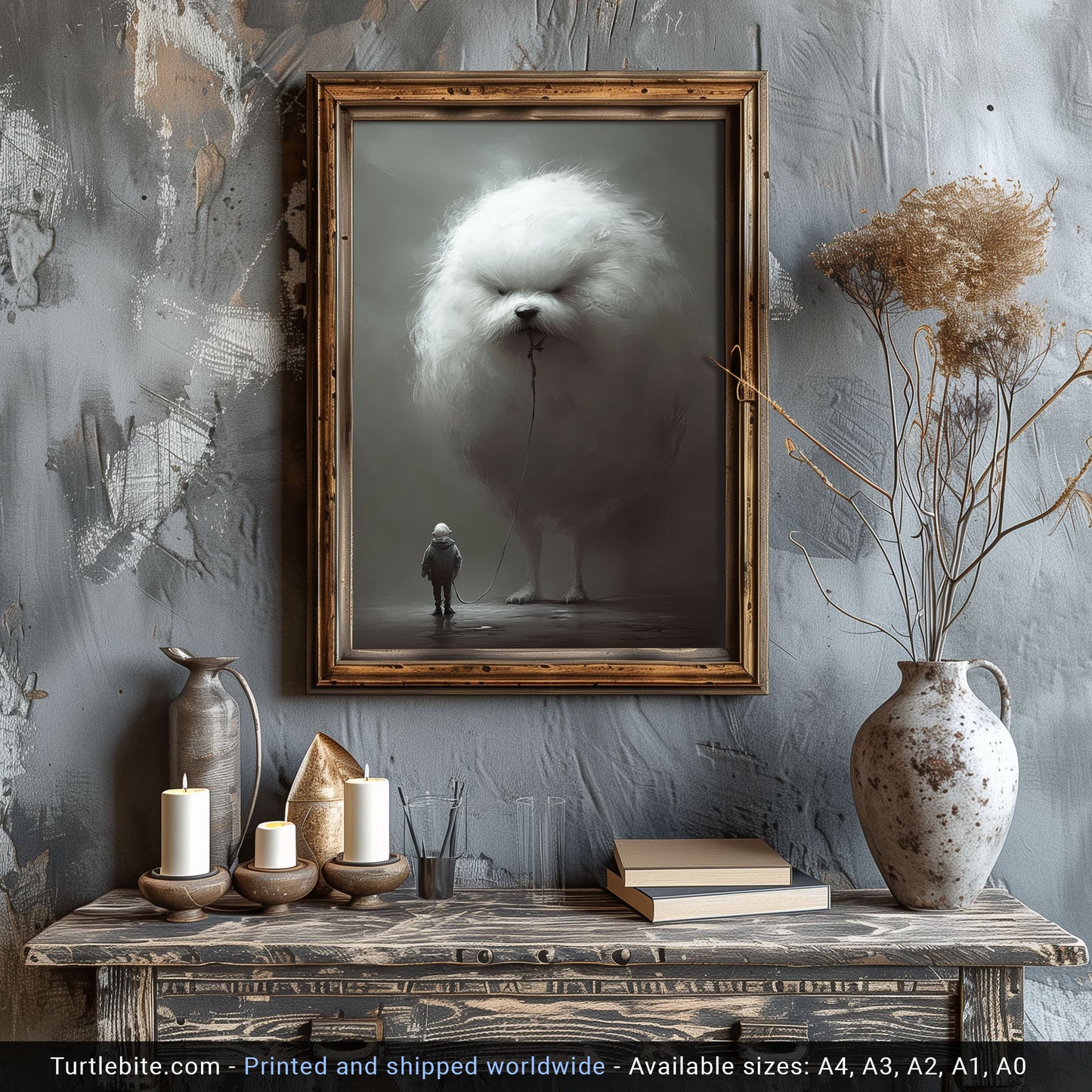 Grumpy Dog Walk Painting Poster, Weird Wall Art for Dog Lovers, Quirky Moody Dark Art Print