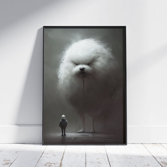 Grumpy Dog Walk Painting Poster, Weird Wall Art for Dog Lovers, Quirky Moody Dark Art Print