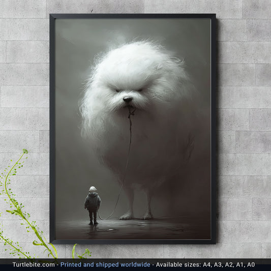 Grumpy Dog Walk Painting Poster, Weird Wall Art for Dog Lovers, Quirky Moody Dark Art Print