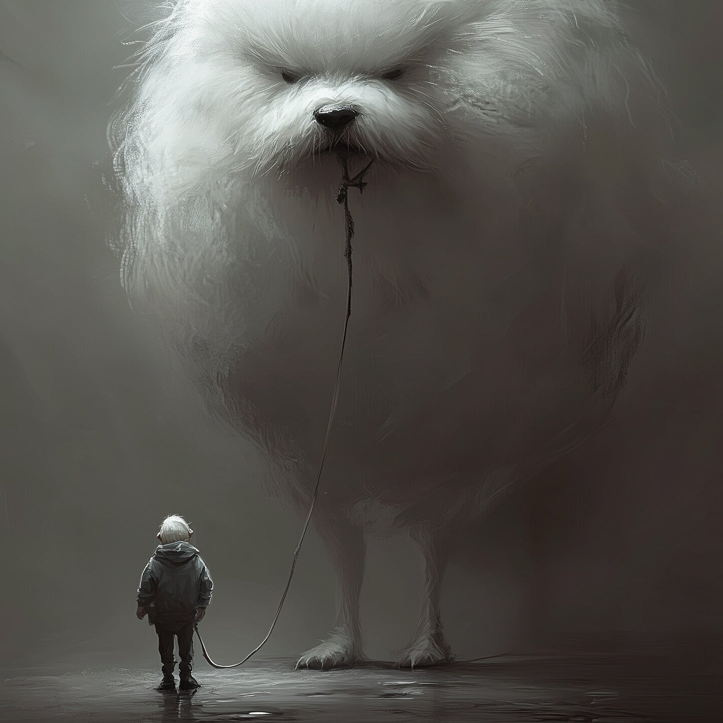 Grumpy Dog Walk Painting Poster, Weird Wall Art for Dog Lovers, Quirky Moody Dark Art Print