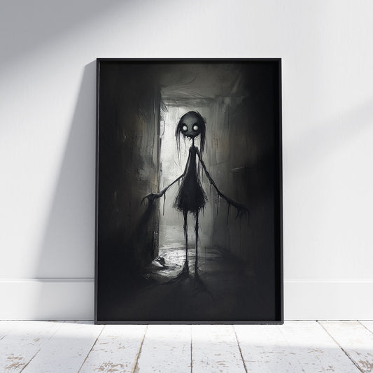 Little Lost Girl Painting Poster, Dark Black and White Print, Spooky Horror Wall Decor, Weird Art Painting