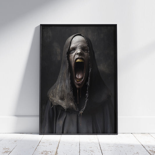 Screaming Monk Painting Poster, Medieval Oil Paintings Prints, Dark Moody Artwork, Bizarre Wall Art, Horror Gifts