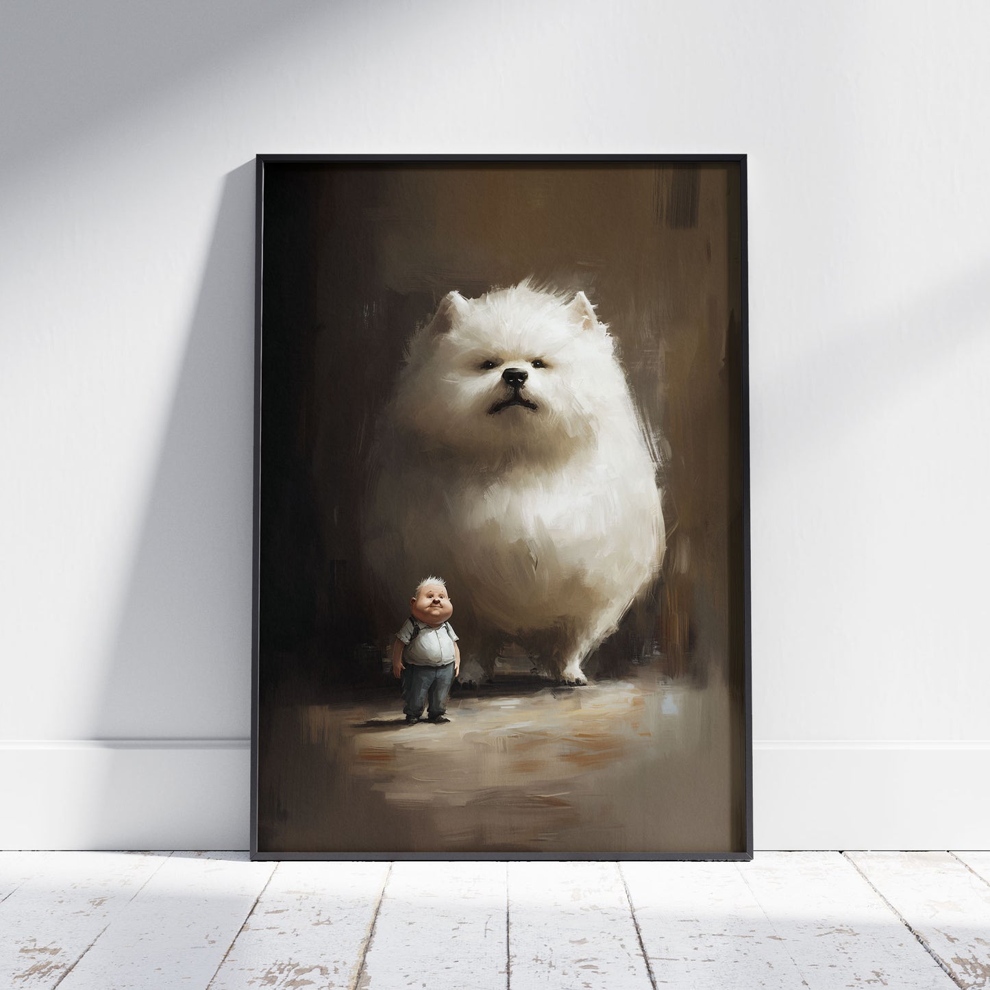 Surreal Little Man with his Dog Painting, Dark Humor Wall Art, Comic Surrealism, Dreamlike Scene Poster Print, Satirical Art