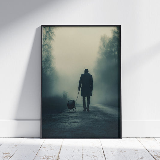 Man walks giant insect-like creature in dense fog, prompting reflections on isolation, AI, and the nature of companionship in the digital age.