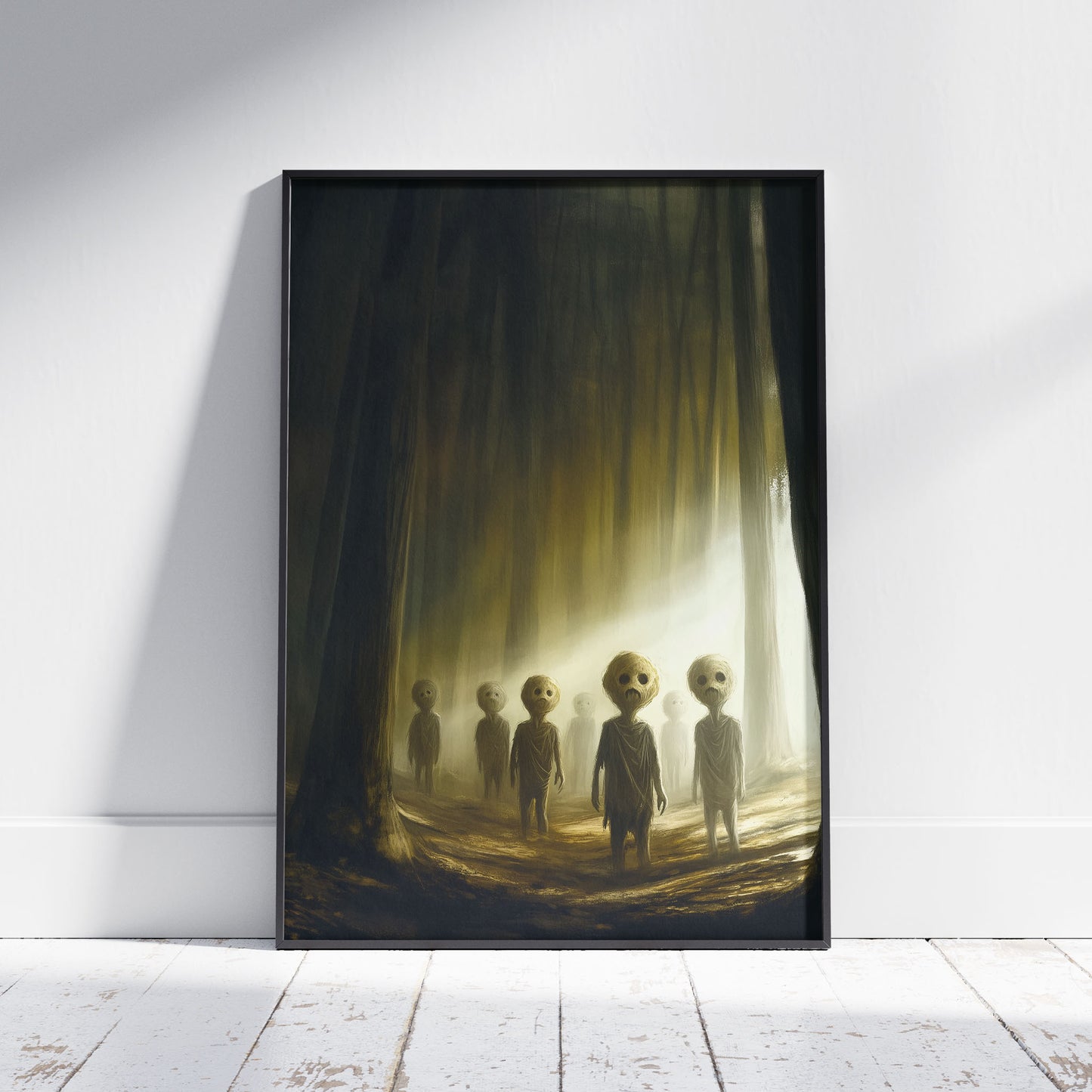 Eerie children with large heads and hollow eyes standing in a foggy forest, lit by golden light.