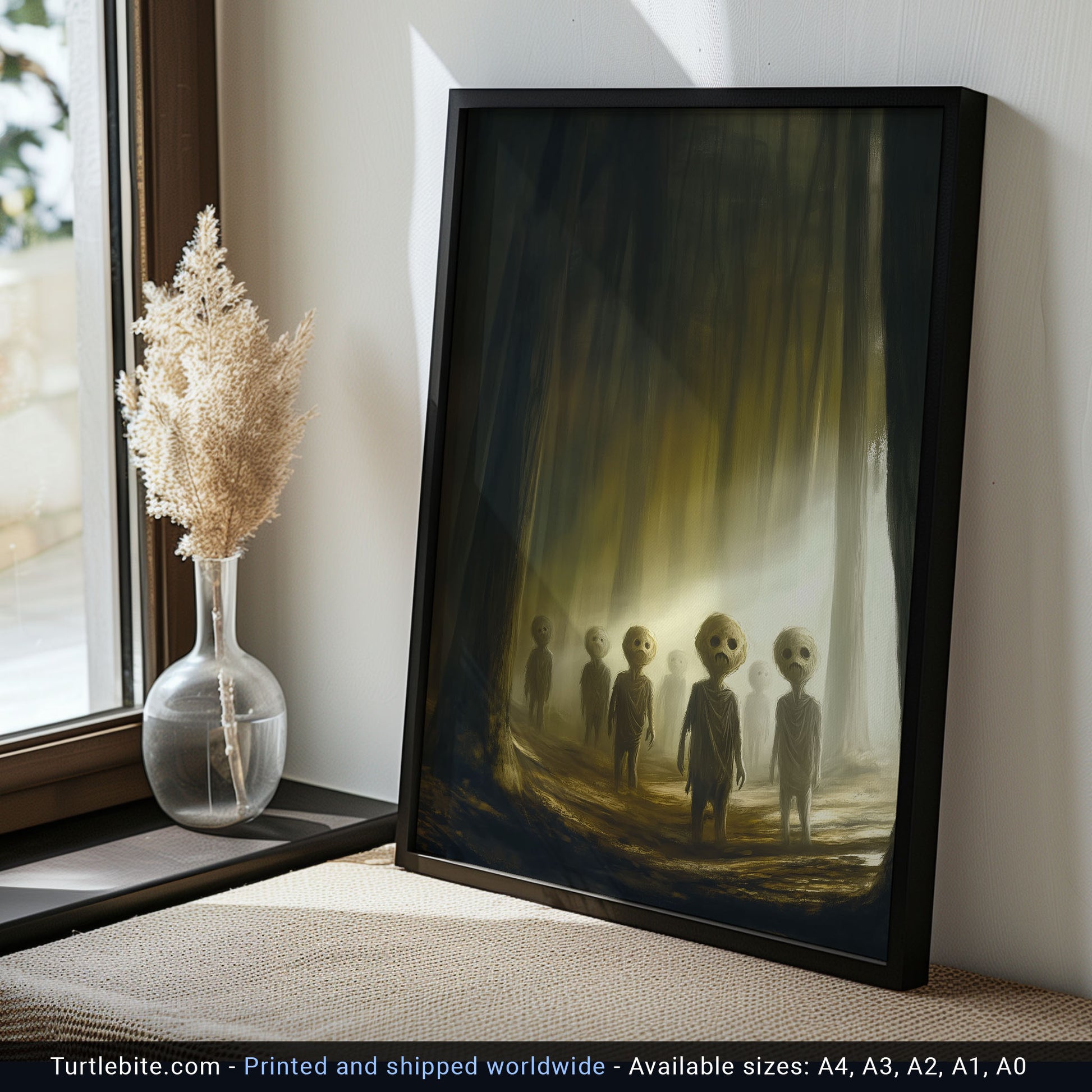Eerie children with large heads and hollow eyes standing in a foggy forest, lit by golden light.
