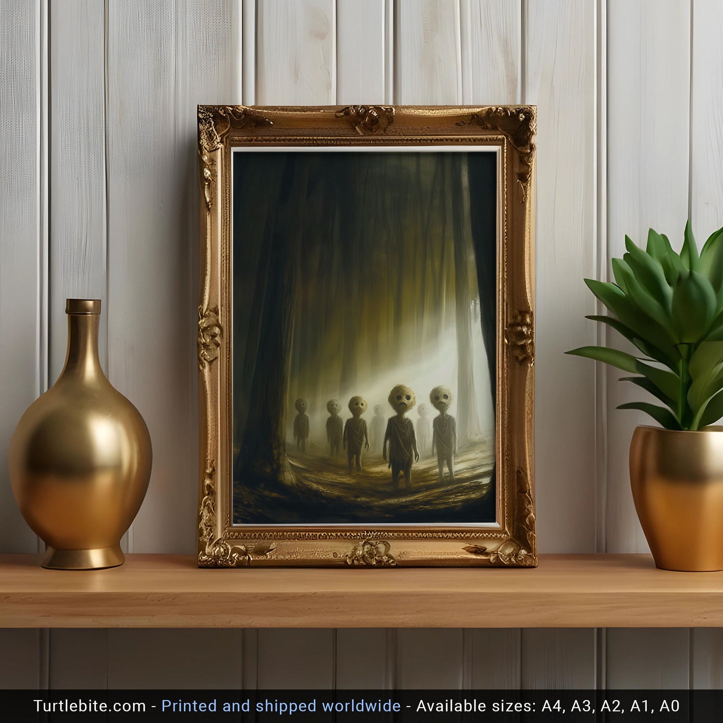 Eerie children with large heads and hollow eyes standing in a foggy forest, lit by golden light.
