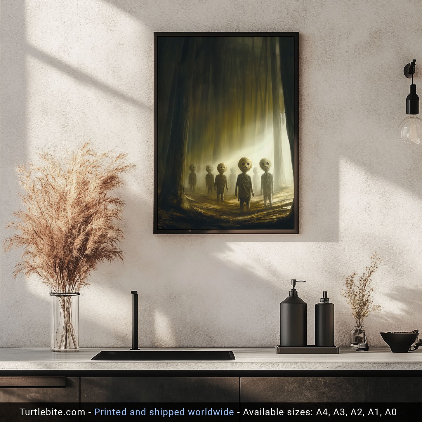 Eerie children with large heads and hollow eyes standing in a foggy forest, lit by golden light.