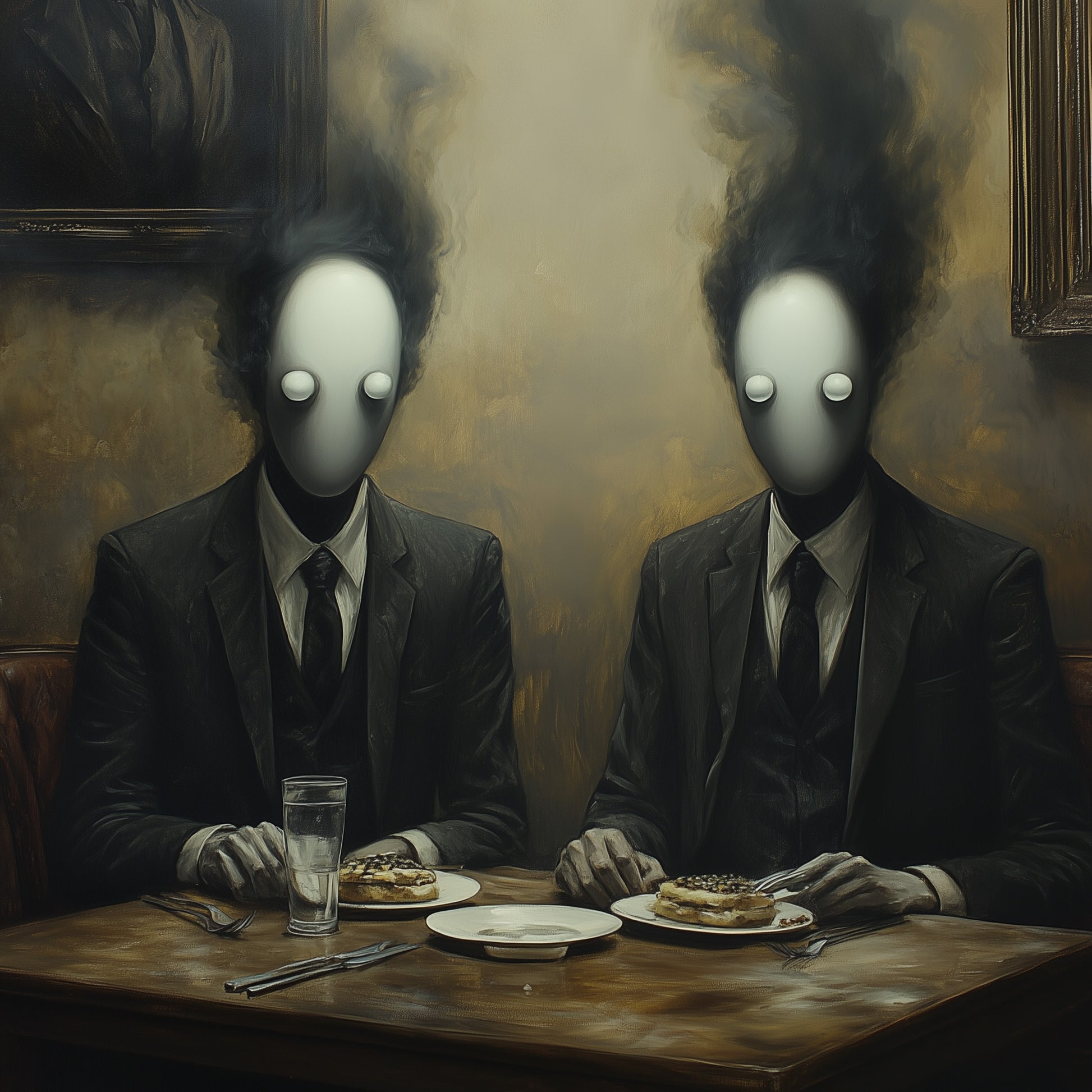 A surreal digital painting showing two faceless men in suits with smoky heads dining at a table with pastries, beneath a haunting portrait on the wall.