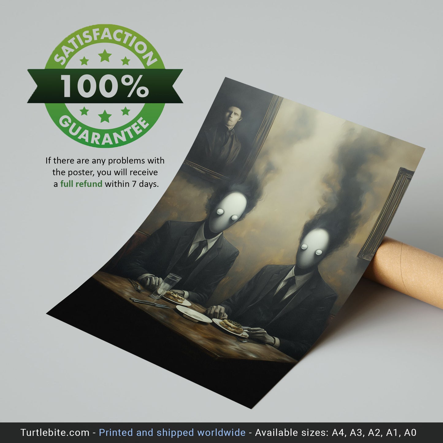 A surreal digital painting showing two faceless men in suits with smoky heads dining at a table with pastries, beneath a haunting portrait on the wall.