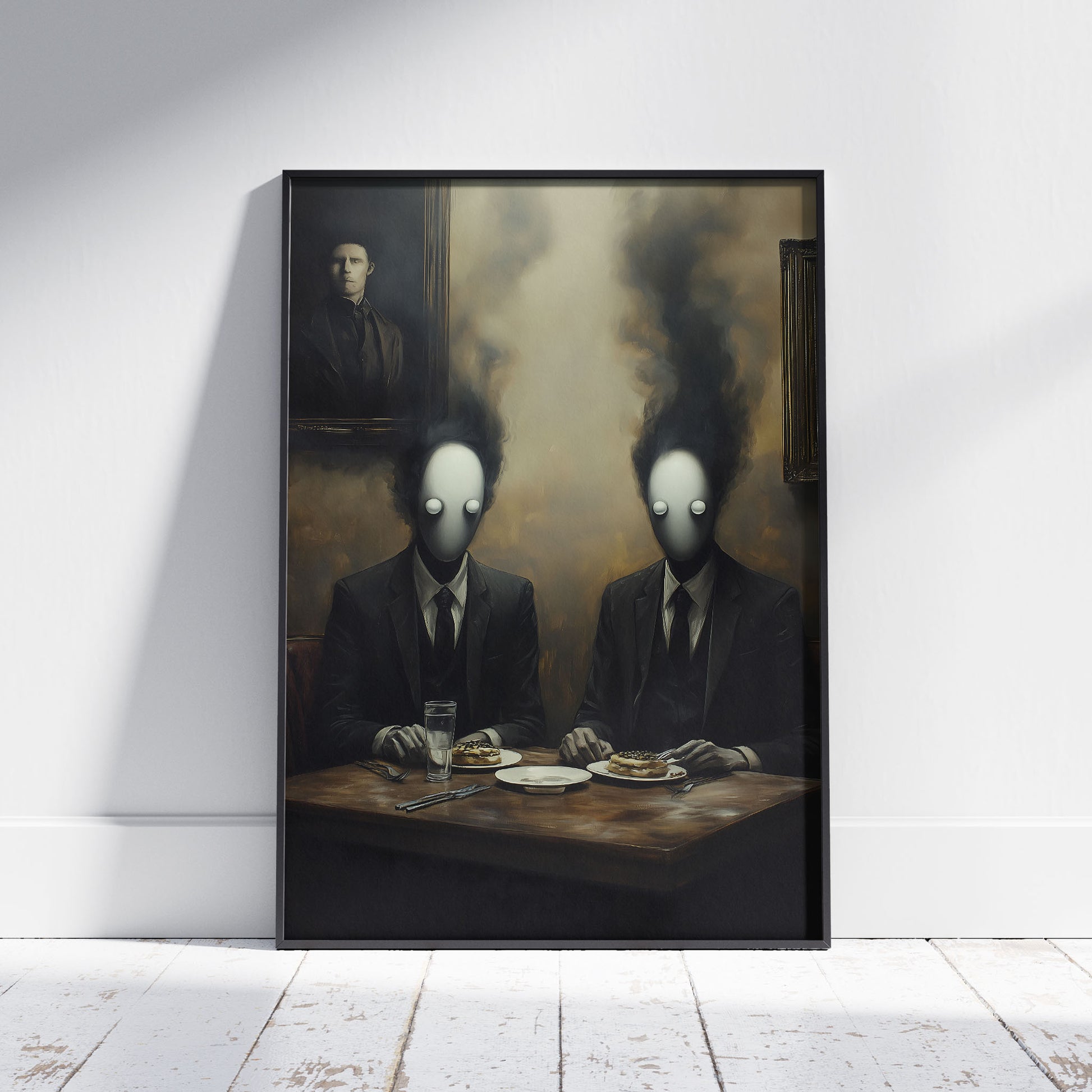 A surreal digital painting showing two faceless men in suits with smoky heads dining at a table with pastries, beneath a haunting portrait on the wall.