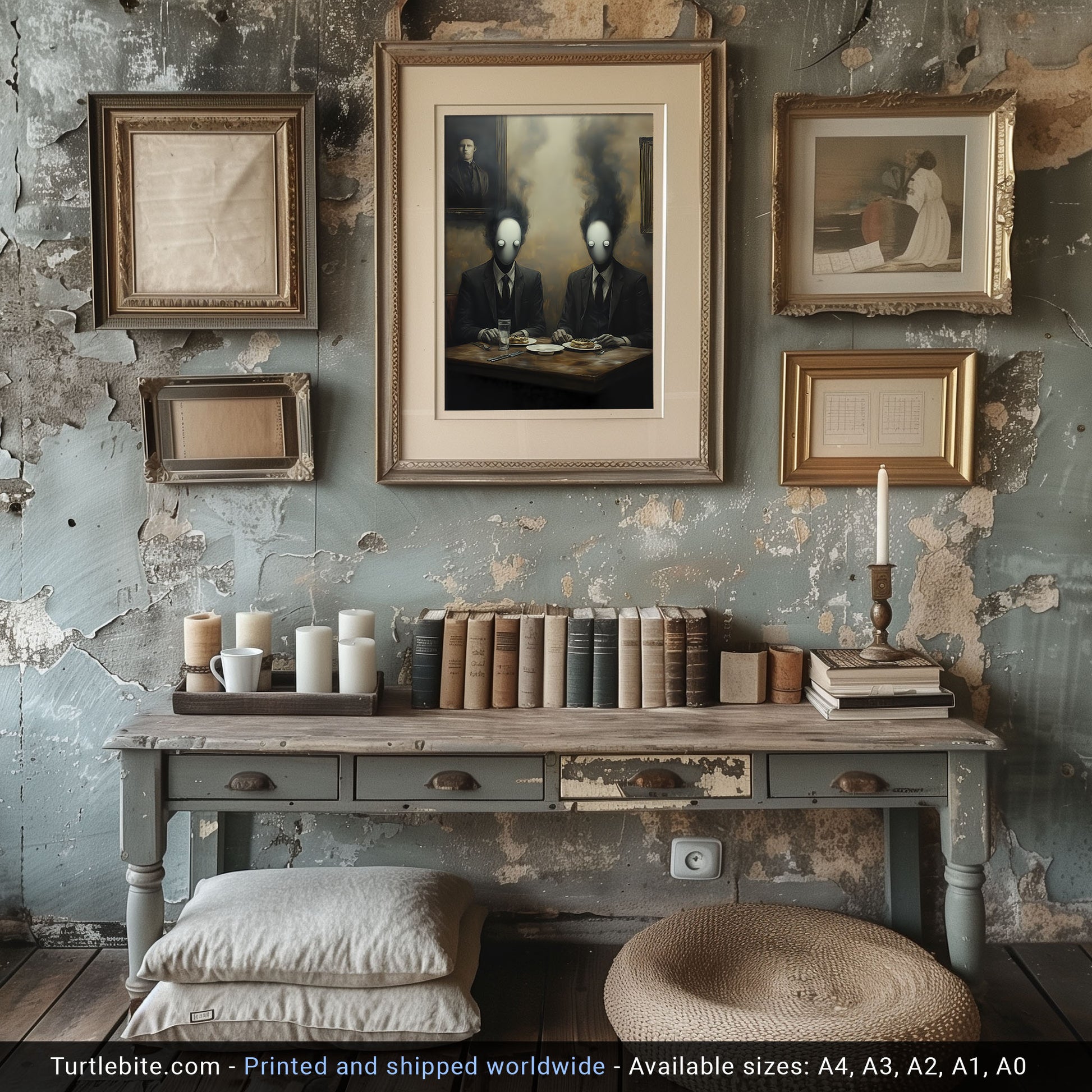 A surreal digital painting showing two faceless men in suits with smoky heads dining at a table with pastries, beneath a haunting portrait on the wall.