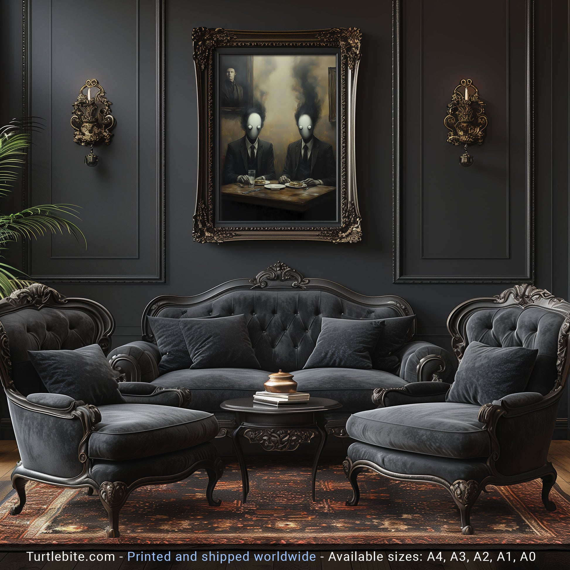 A surreal digital painting showing two faceless men in suits with smoky heads dining at a table with pastries, beneath a haunting portrait on the wall.