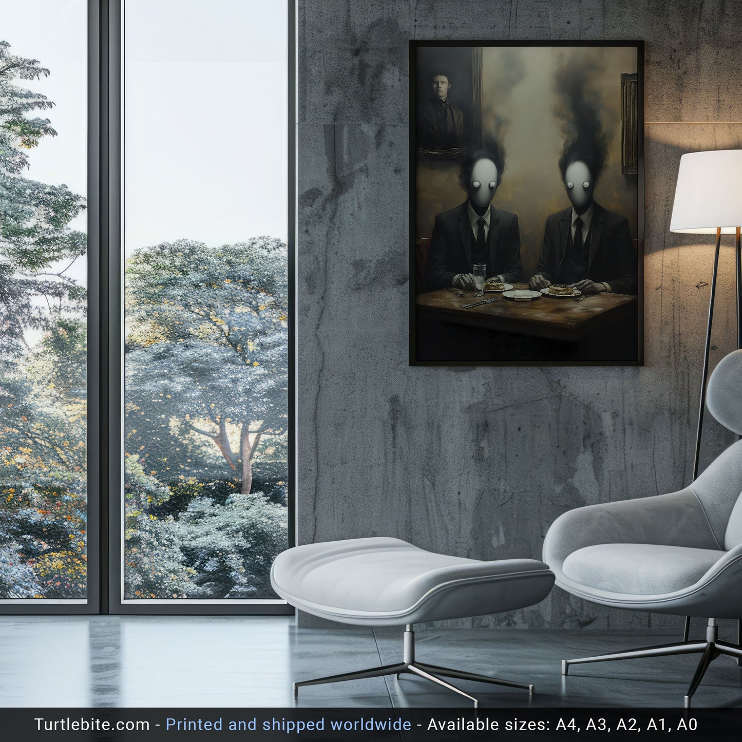 A surreal digital painting showing two faceless men in suits with smoky heads dining at a table with pastries, beneath a haunting portrait on the wall.