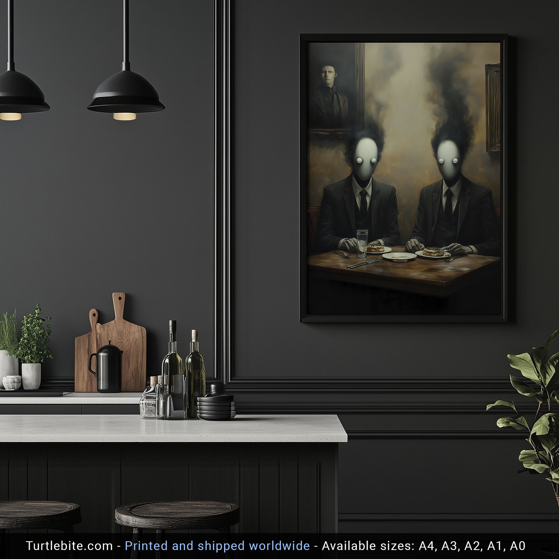 A surreal digital painting showing two faceless men in suits with smoky heads dining at a table with pastries, beneath a haunting portrait on the wall.