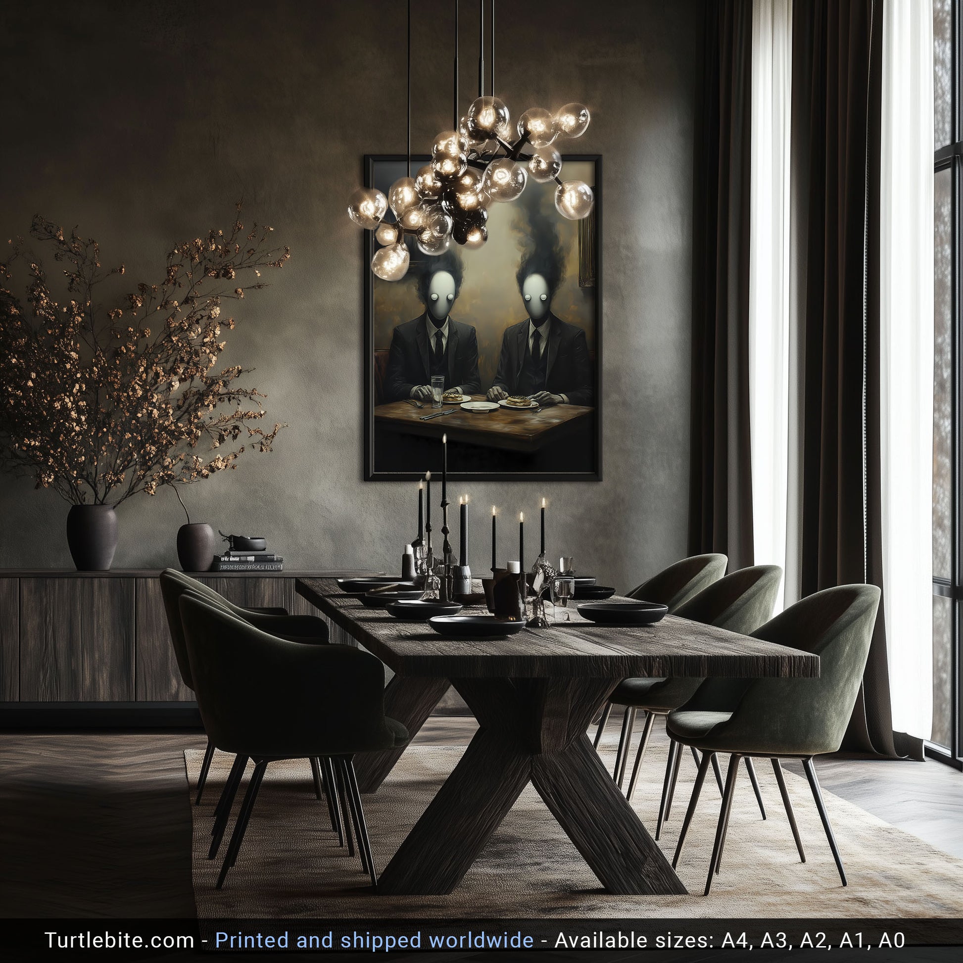 A surreal digital painting showing two faceless men in suits with smoky heads dining at a table with pastries, beneath a haunting portrait on the wall.